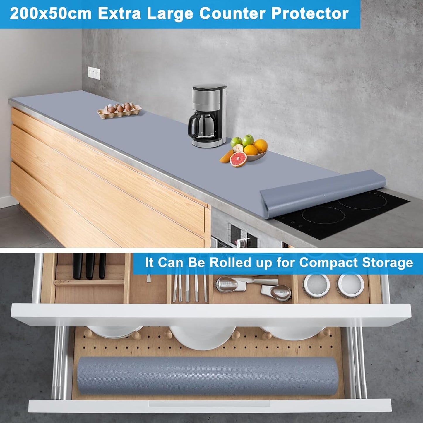 AECHY Extra Large Silicone Mat 78.74”x19.69”x0.08”, Multipurpose Silicone Mat Thick Heat Resistant Mat Shipped Rolled Up Kitchen Counter Mat Waterproof Silicone Mats for Kitchen Counter Dark Gray