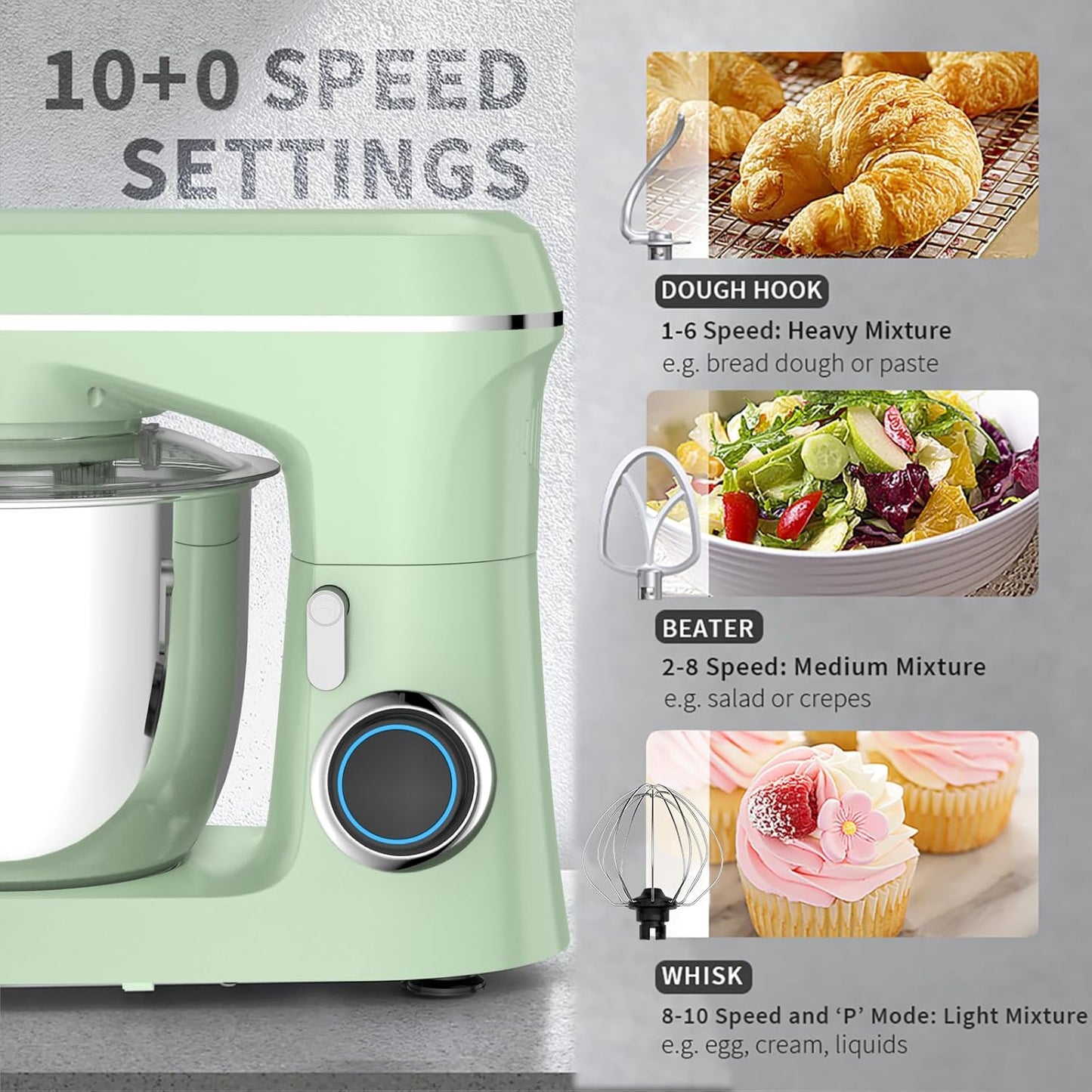 Stand Mixer, 5.5 Quart, 10 Speed Tilt-Head Food Mixer, Kitchen Electric Mixer with SS Bowl, Copper Motor, Beater, Dough Hook, SS Egg Whisk (450W Green)