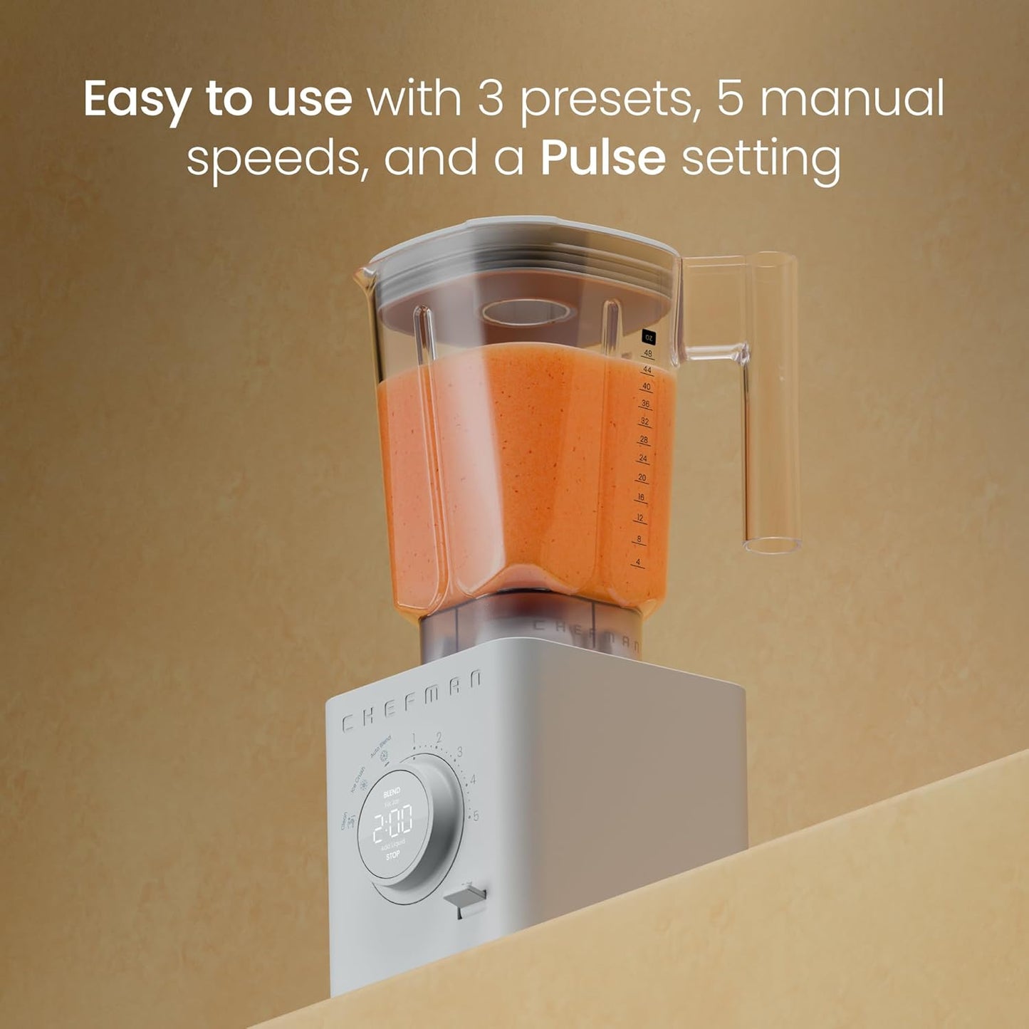 Chefman Obliterator 48 oz Countertop Blender for Smoothies, 1380W Motor to Crush Ice, Nuts, and Frozen Fruit with Stainless Steel Blade, Auto Blend Function, Includes Tamper and Scraper - Concrete