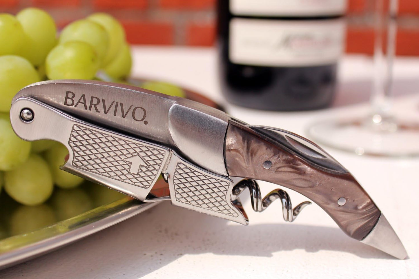 Barvivo Black Resin Wine Opener with Foil Cutter Knife and Cap Remover, Double Hinged Manual Wine Key for Bartenders, Servers, Waiters, Stainless Steel Wine Bottle Opener Corkscrew