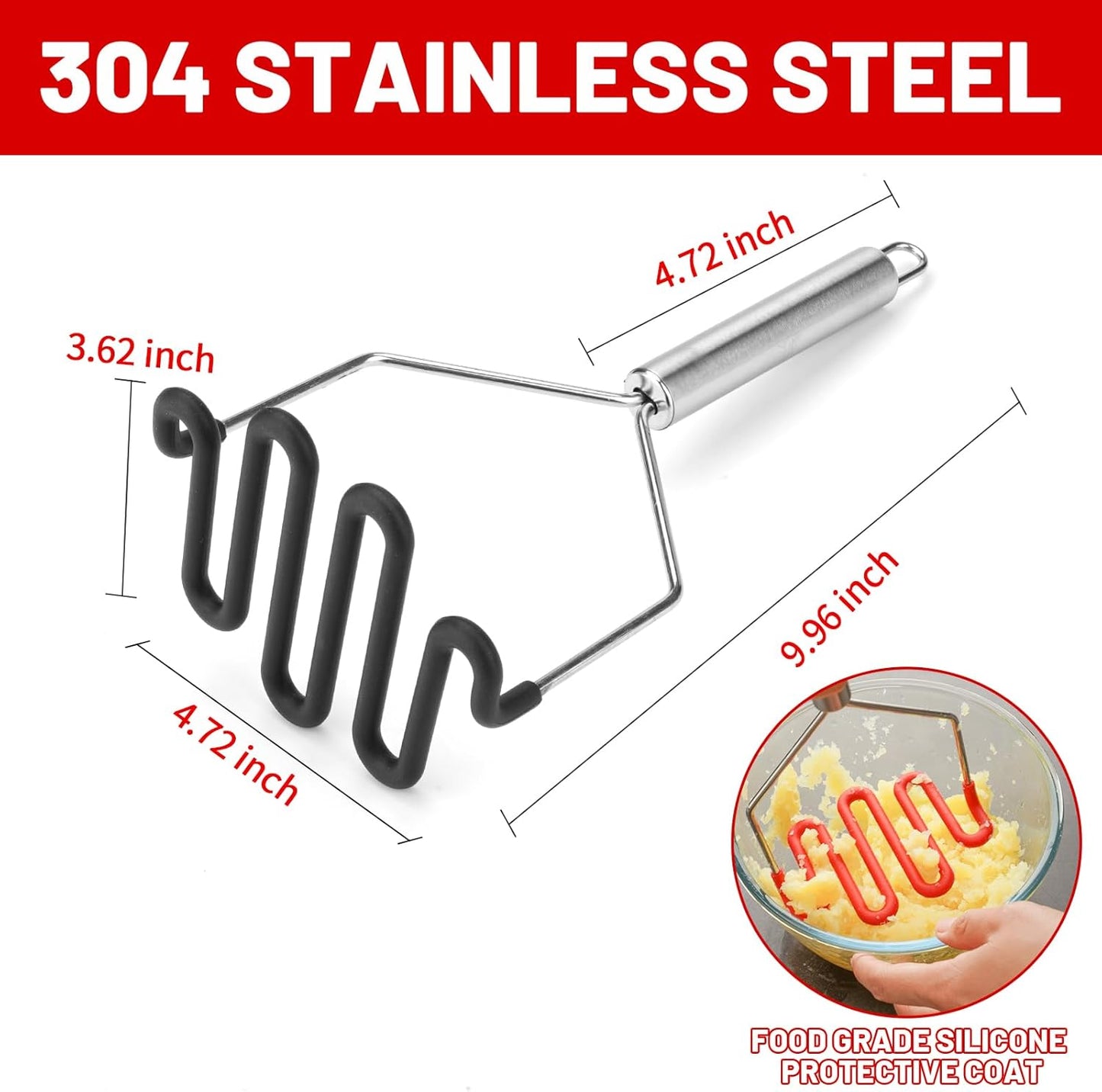 SHIKORI Non-Scratch Silicone Potato Masher Kitchen Tool, Potatoes Masher Potato Masher Stainless Steel Wrapped In Premium Silicone, Potato Smasher 2 Pcs-Black