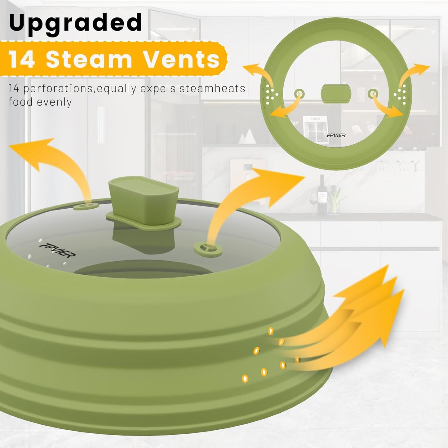 Microwave Splatter Cover, Vented Silicone and Glass Cover Splatter Guard Lid, Food Collapsible Plate Cover Lid with Easy Grip Handle. (Green, 10.8 inch)