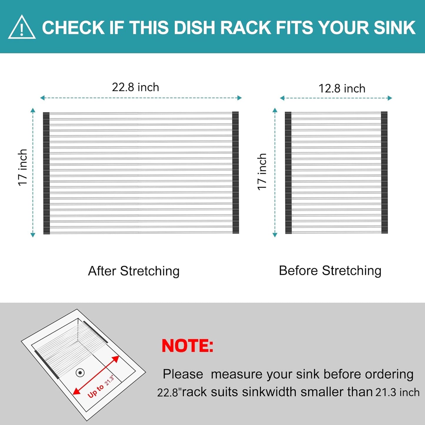 BBXTYLY Extra Large Expandable Roll Up Dish Drying Rack,Over The Sink Drying Rack Sink Cover Kitchen Sink Accessories Kitchen Rolling up Stainless Steel Drainer, Foldable,Rollable（Black，22.8''-17''）