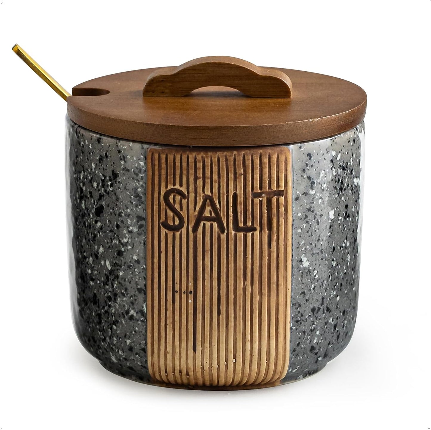 Salt Cellar with Lid & Spoon, Ceramic Salt Container for Countertop, 10 OZ Salt Bowl Holder, Gray