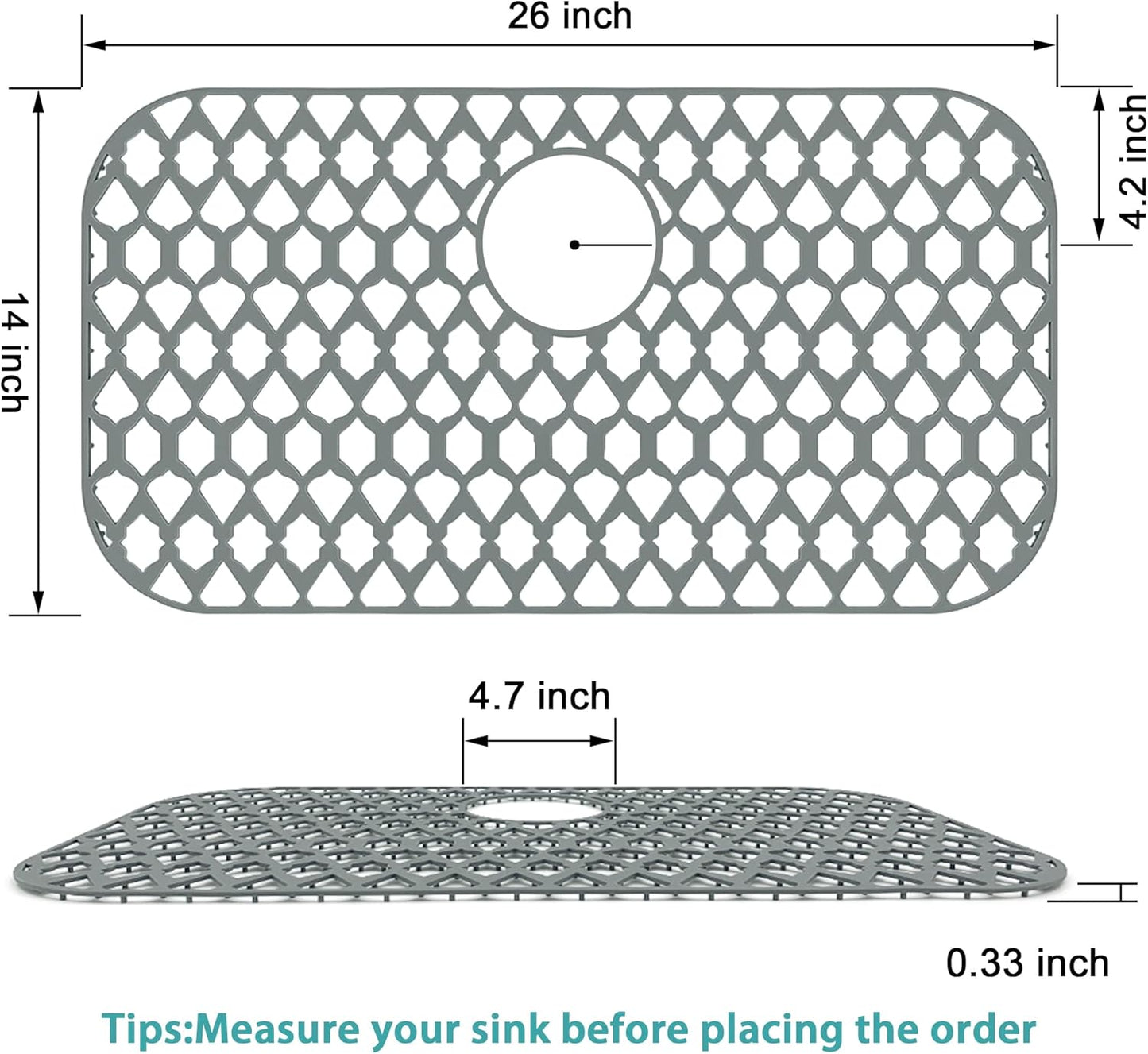 Sink Protectors for Bottom of Kitchen Sink 13x11 &16x12 &19x14 &21x16 &22x13 &24x13 &28x14 &30x16, Large Farmhouse Silicone Mats Grid (26”x14”, Rear Drain)