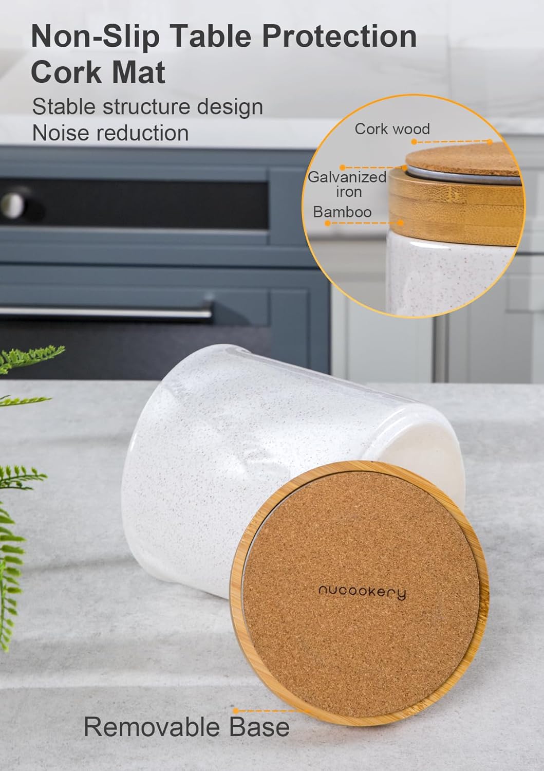 Nucookery 360°Rotating Utensil Holder, 7.2" Large Utensil Crock, Ceramic Cooking Utensil Organizer with Countertop-Protection Cork Bottom for Farmhouse Kitchen Decor Christmas Thanksgiving Gift (Sand)