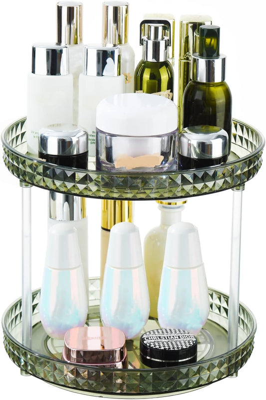 2 Tier Diamond Lazy Susan Bathroom Organizer Countertop, 9.25Inch Clear 360 Rotating Makeup Organizer for Cabinet, Kitchen, Pantry, Countertop, Bathroom, Skincare Perfume Organizer and Storage