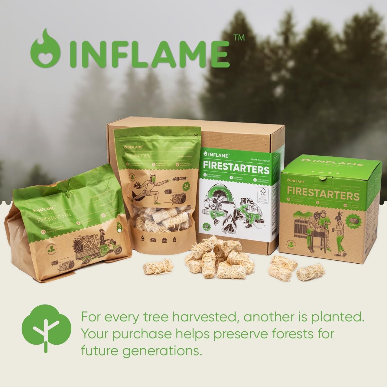 Inflame Fire Starters 300 pcs Fire Starters for Campfires, Grill, BBQ, Fireplace, Woodstove - Charcoal Starter - Waterproof, Weather-Resistant - Natural Wood Fireplace Starters