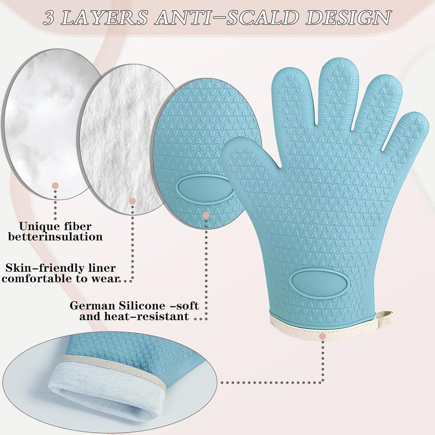 Oven Mitts with Fingers, Heat Resistant 500°F, Waterproof & Non-Slip Kitchen Gloves for Baking, Grilling, Cooking - 5-Finger Design with Soft Lining, Hanging Hook,Pale Blue