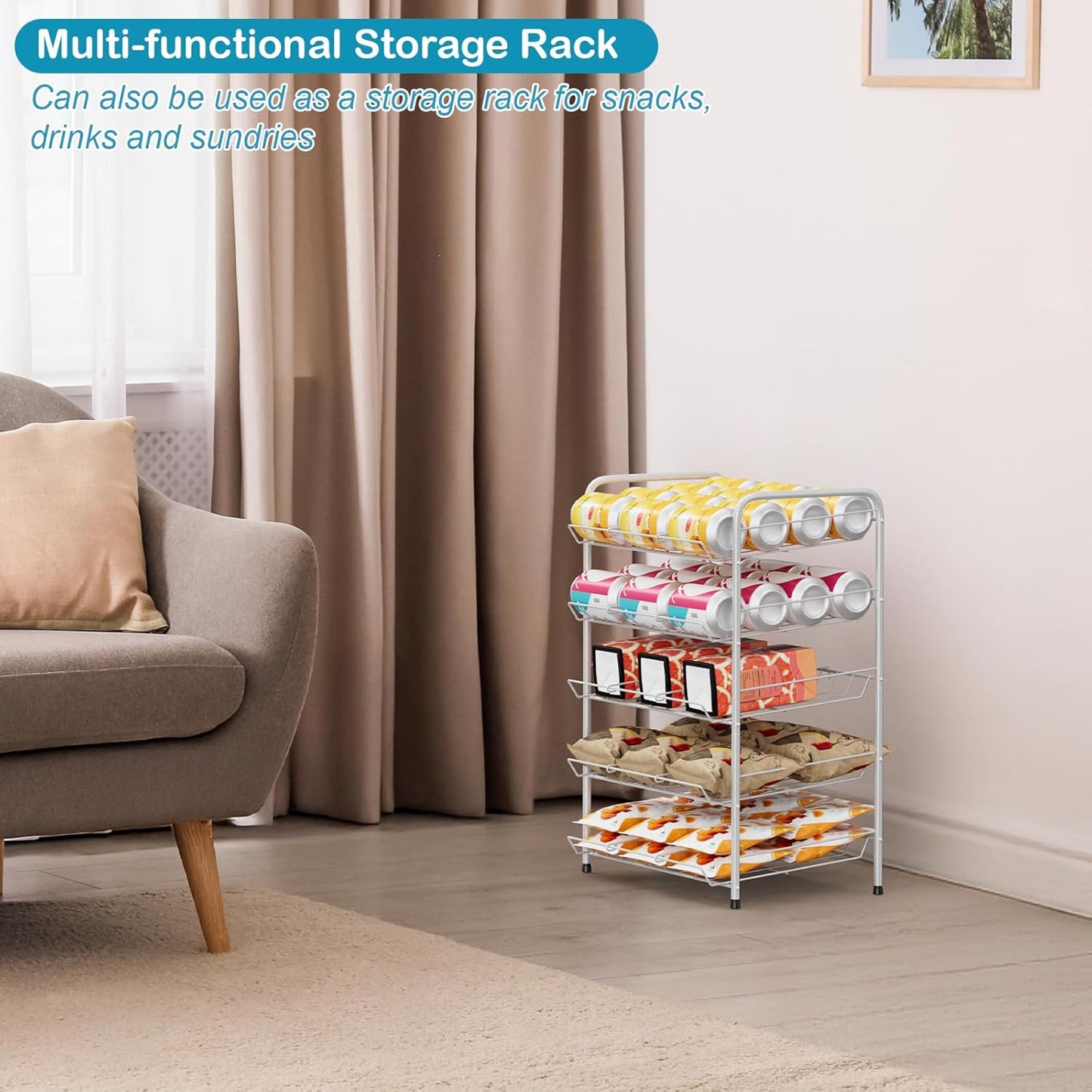 Vrisa Can Organizer for Pantry 5 Tier Canned Food Organizer Can Storage Rack Holds Up to 60 Cans Rolling Soda Soup Vegetable Can Goods Dispenser Shelf for Kitchen Pantry Cabinet, Silver