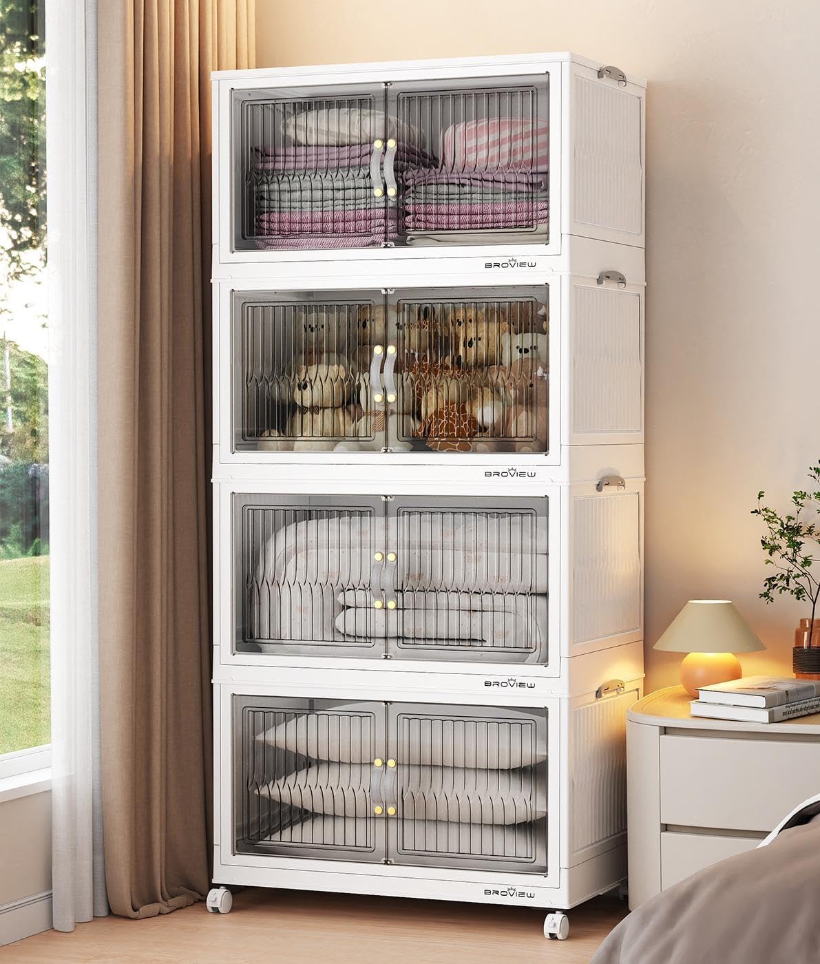 320Qt Stackable Storage Bins with Lid, Extra Large Closet Organizer Collapsible Drawer Boxes with Wheels, Folding Plastic Cabinet Containers for Home Kitchen Room Organization, 4Pack White