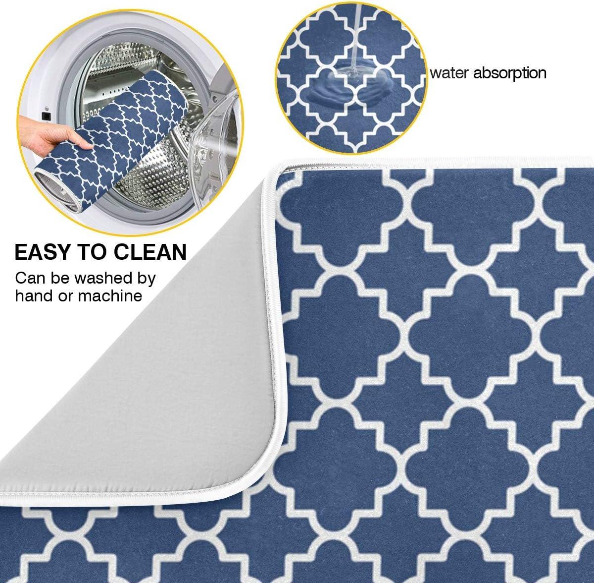 Super Absorbent Dish Drying Mat Microfiber Fast-Drying Dish Mat 24" x 18" Kitchen Dish Drying Pad Watercolor Cute Navy Blue Moroccan Mandala