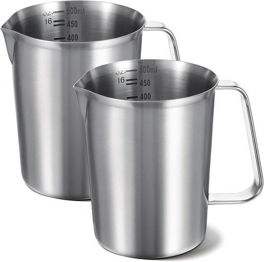 2 Pcs Stainless Steel Measuring Cup with Handle and Pour Lip, Metal Pitcher with Oz and ML marking, 16OZ/500ML), Heavy-Duty Pitcher
