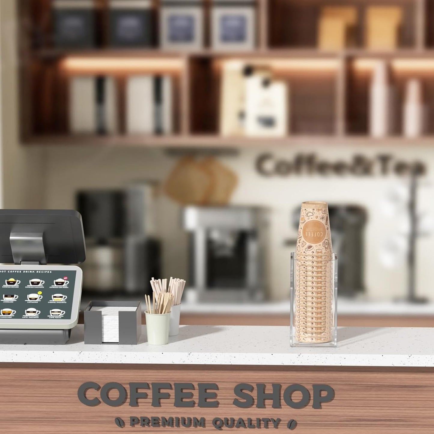 WINFFOR Disposable Cup Organizer Dispenser - Clear Acrylic Cup and Lid Holder with Handles Plastic Cup Dispenser Countertop Paper Coffee Cup Holder for Coffee Bar House Party Essentials