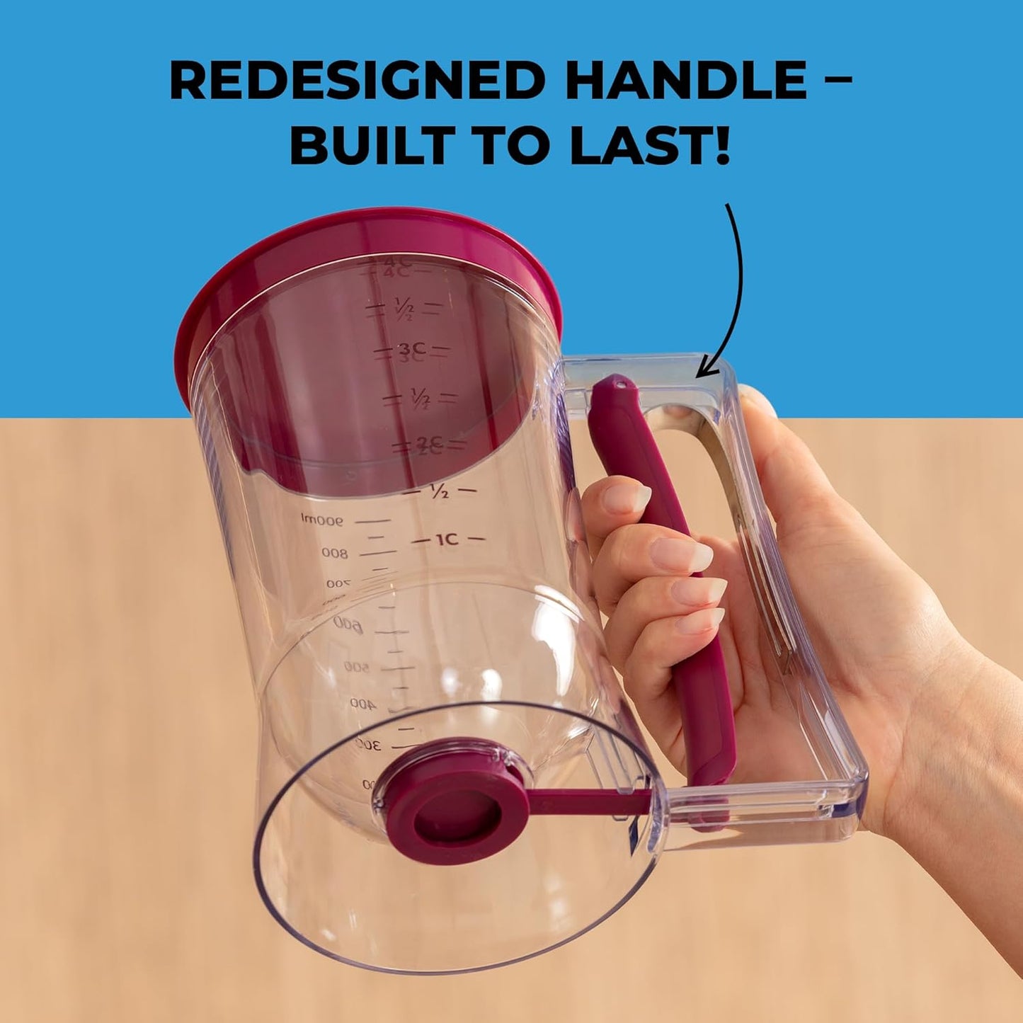 Pancake Batter Dispenser - Kitchen Must Have Tool for Perfect Pancakes, Cupcake, Waffle, Muffin Mix, Cake & Crepe - Easy Pour Baking Supplies for Griddle - Pancake Maker with Measuring Label (Purple)