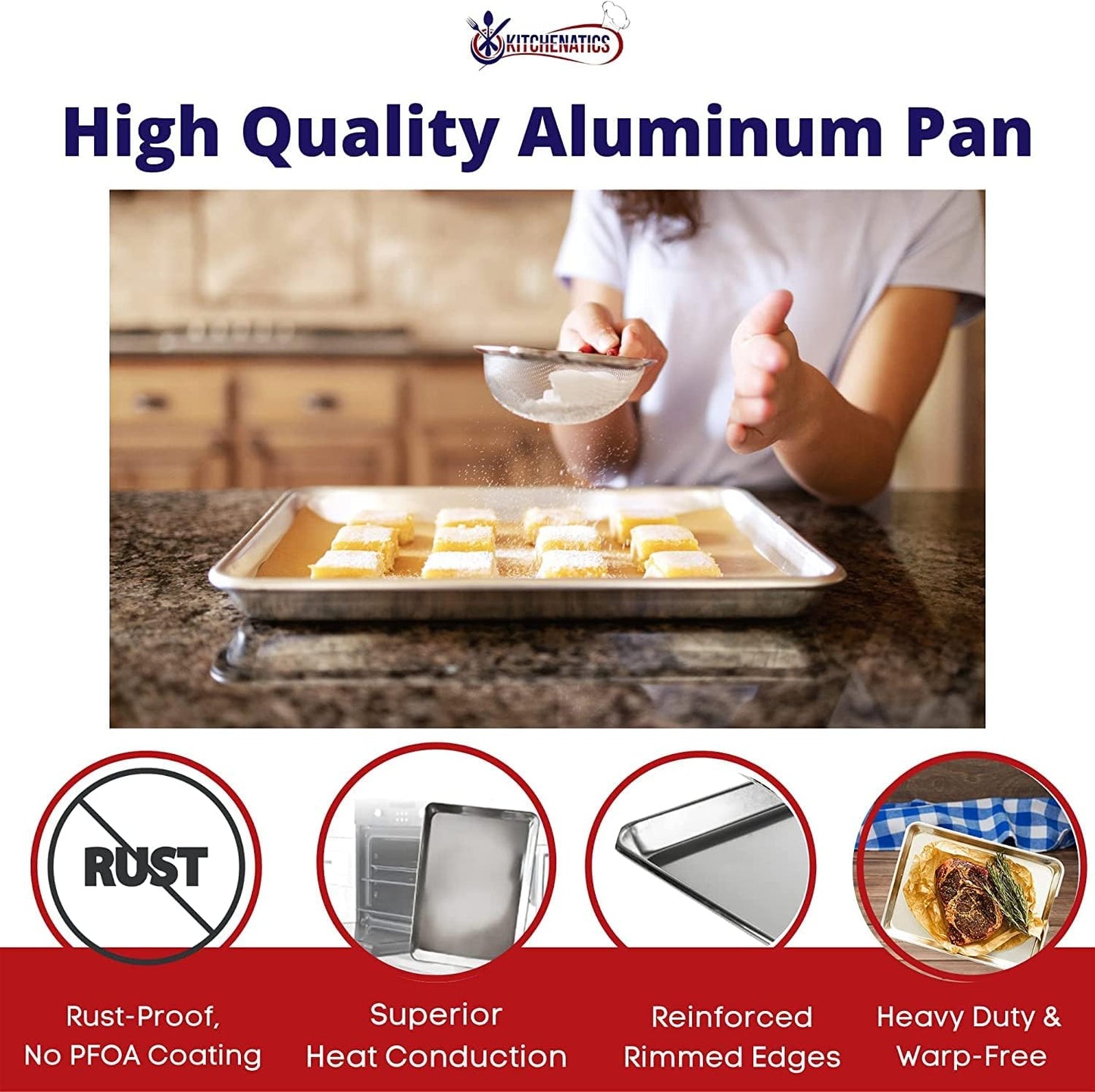KITCHENATICS Premium Quality Half Sheet Size Baking Pans, Nonstick Cookie Sheets for Baking, Oven Safe Baking Sheet Pans, Heavy Duty 1/2 Commercial Baking Sheets for Oven - 13.1" x 17.9" IN, Set of 2