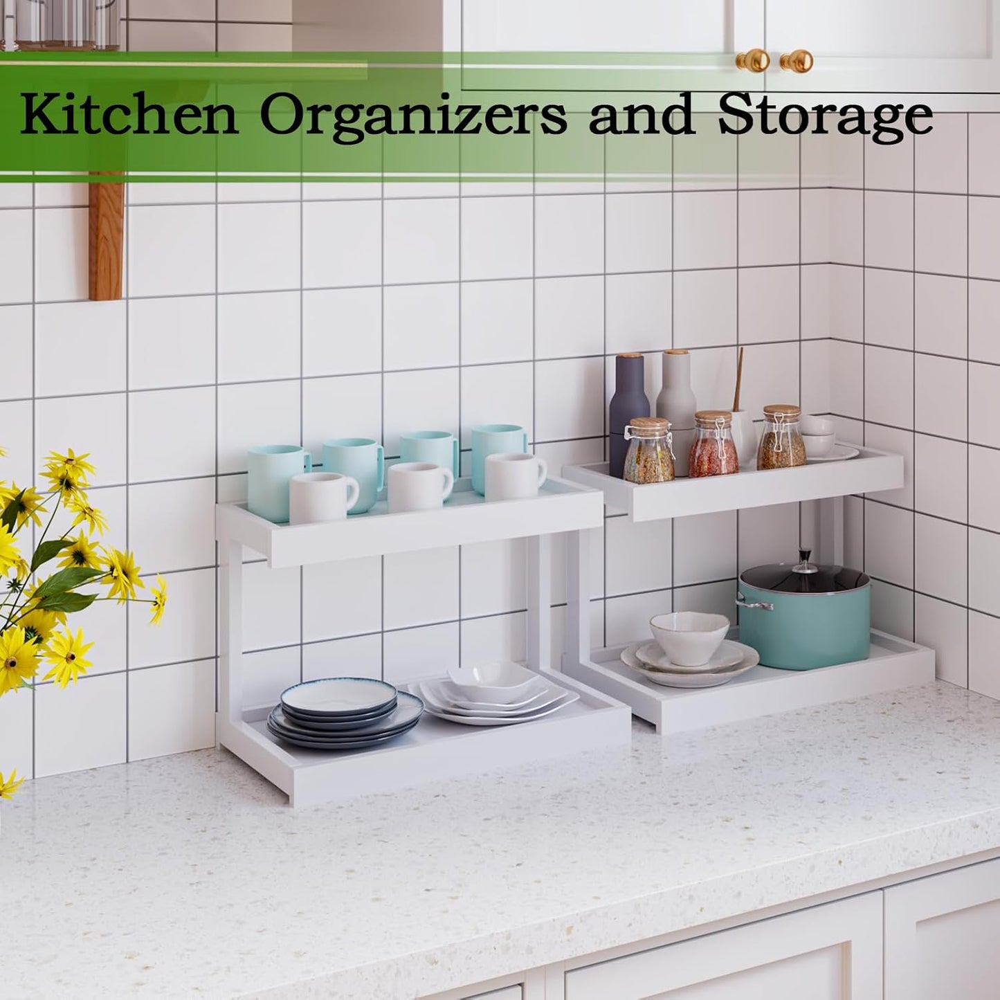 MARTY 2 Tier Spice Rack Organizer for Countertop, 15.8''L White Coffee Station/Bathroom Organizer Countertop, Counter Shelf Desktop Storage Organizer for Kitchen, Bedroom, Office