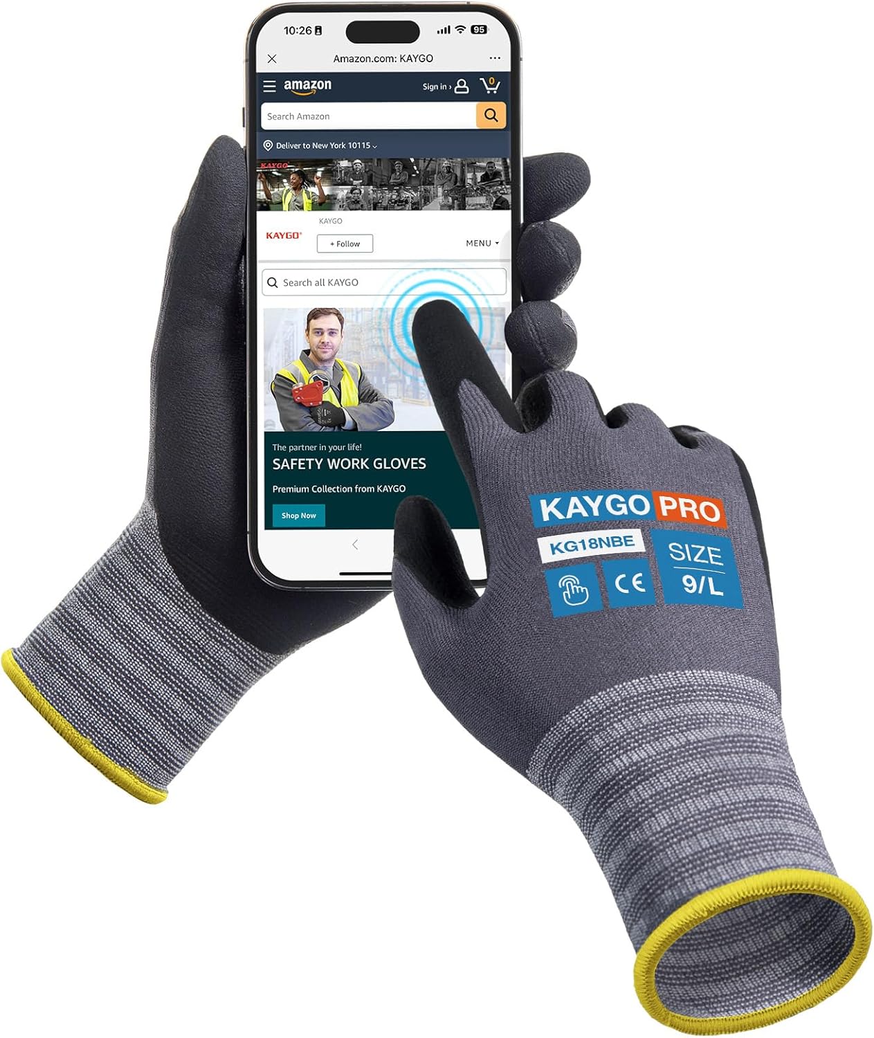 KAYGO Safety Work Gloves MicroFoam Nitrile Coated, 12 Pairs KG18NB,Seamless Knit Nylon Glove with full fingers Touchscreen, Ideal for General Purpose,Automotive, Black,L