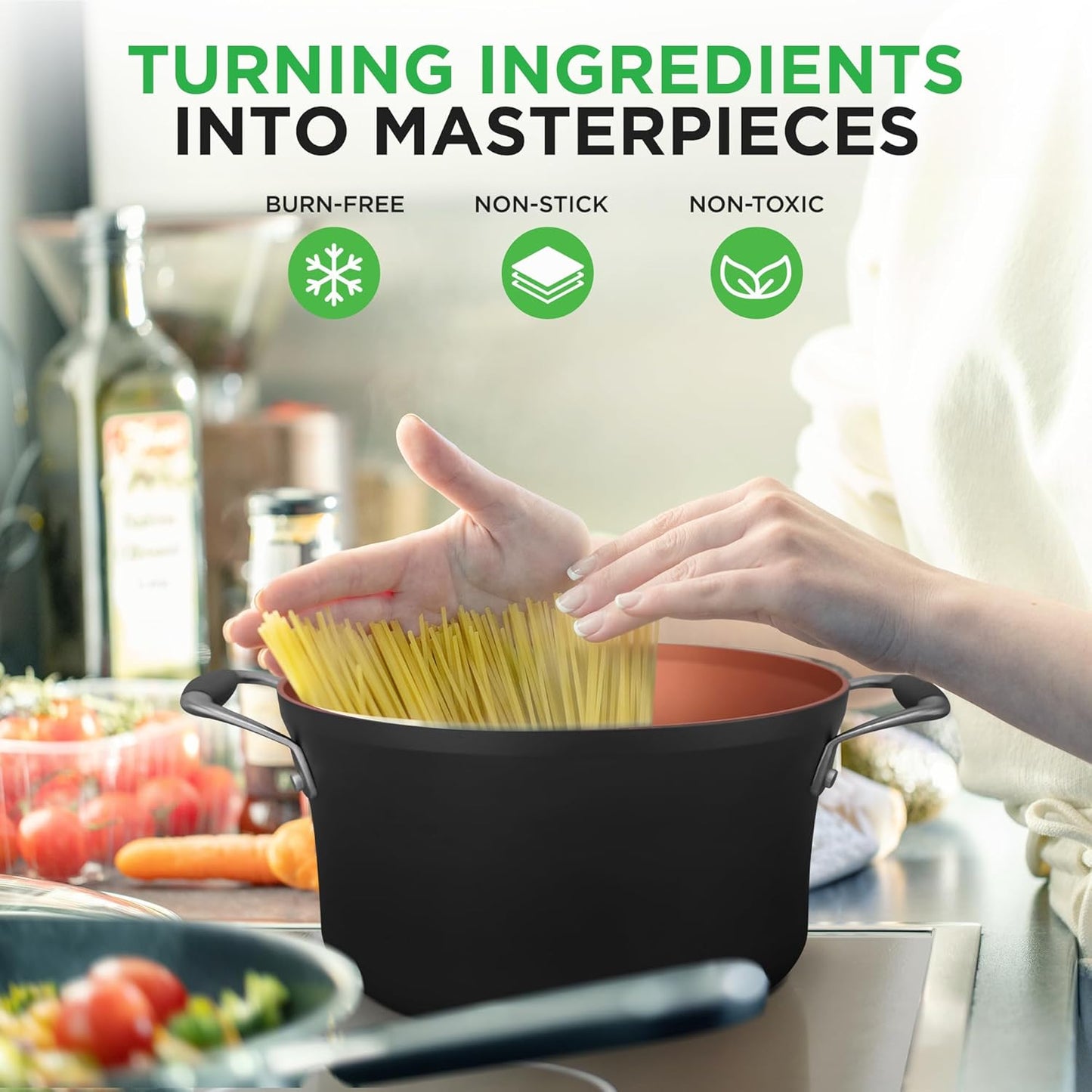 NutriChef 14-Piece Non-Stick Pots & Pans Set - Multi-Sized Cooking Pots with Lids, Small and Medium Frying Pans with Slotted Spatula, Pasta Server, Soup Ladle, Silicone Handles (Copper Color)