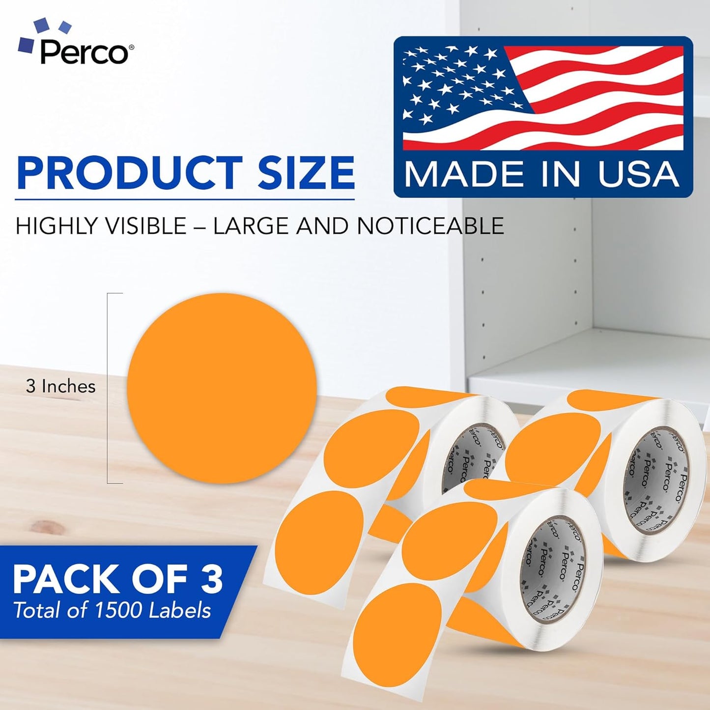 Perco Fluorescent Orange 3-Inch Round Circle Dot Sticker Labels - Multi-Roll Pack (3 Rolls, 500 Labels Each) - Permanent Adhesive, Vibrant Colors, Strong Hold - Perforated for Easy Use - Made in USA