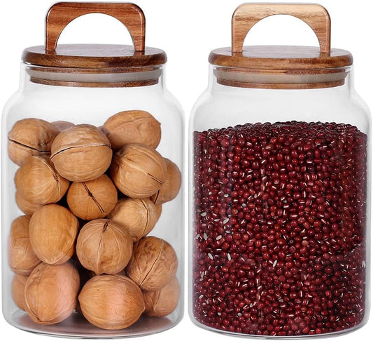SAIOOL Canister Set of 2, Glass Kitchen Canisters with Airtight Acacia Lid, Tall Clear Airtight Food Storage Jar, Kitchen Pantry Storage Container for Noodles Flour Cereal Coffee