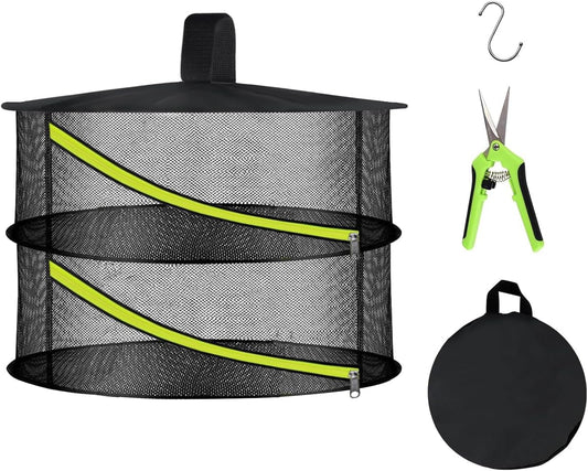 2 Layer Herb Drying Rack, Hanging Mesh Net, Foldable Plant Drying Rack with Diagonal Zipper, Garden Trimming Shears and Hooks, for Drying Herbs Plants, Fruits, Seafood, Clothing(2 Layers-23.62'')