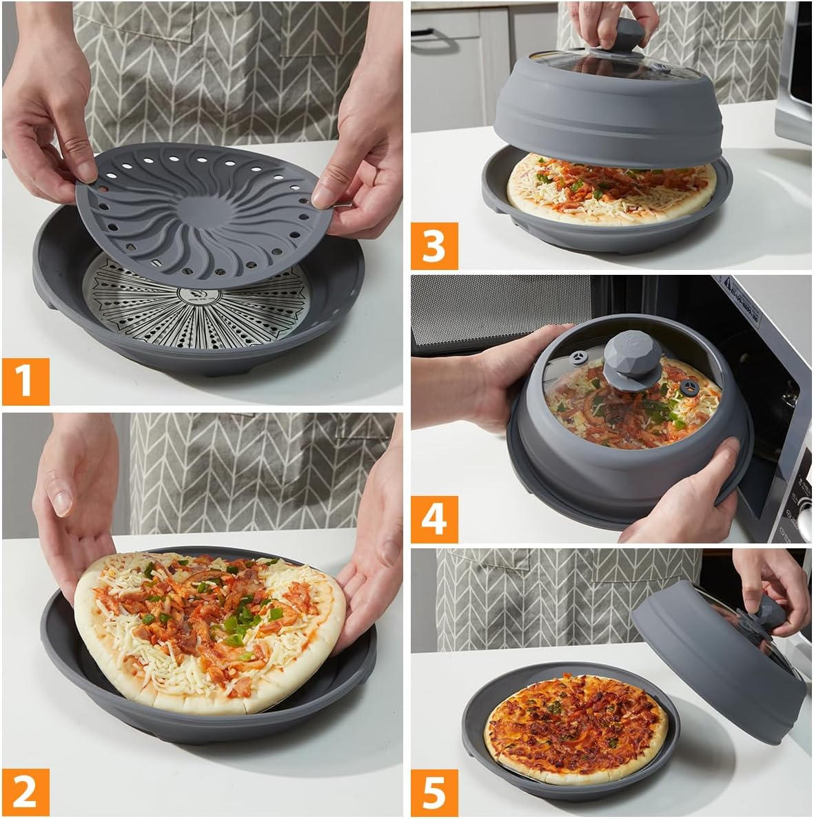 Microwave Splatter Silicone Cover Collapsible, Vented Multifunction Splash Lid with Glass Dish Bowl Plate for Food Cooking Bacon Maker, Dishwasher Safe BPA-Free 9 inch Cookware Set Grey