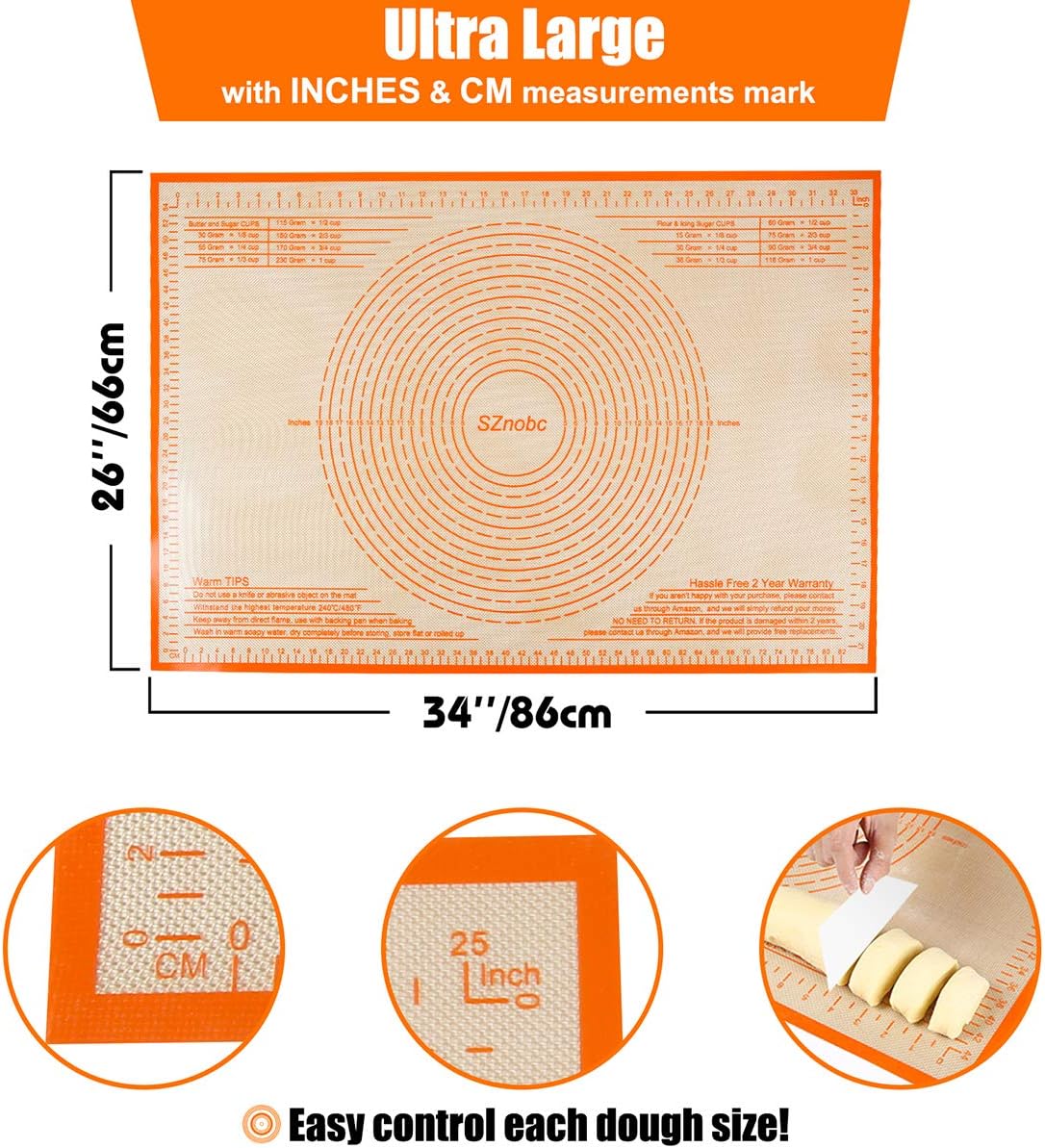 Silicone Pastry Mat 34'' By 26'' Extra Large Baking Mat with Measurements for Dough Rolling, Kneading Board, Kitchen Counter Mats, Perfect for Dough, Fondant, Pie Crust, Cookies, Bread, Pasta, Pizza