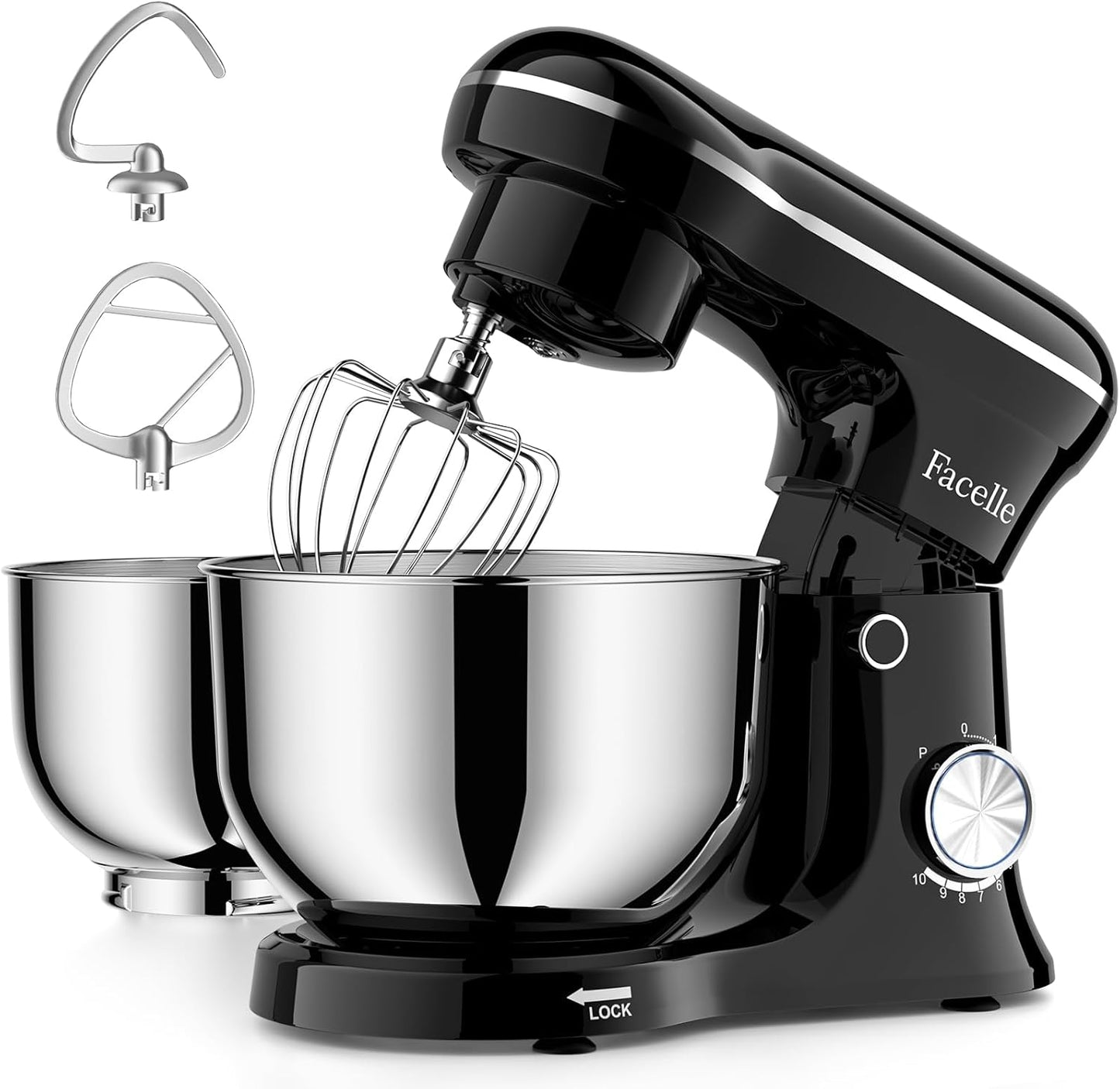 Facelle Tilt-Head Stand Mixer, 5QT+6QT Stainless Steel Two Bowls, 10 Speeds Kitchen Electric Food Mixer with Egg Whisk, Dough Hook, Beater, Dishwasher-Safe Attachment, Ideal Gift for Mom