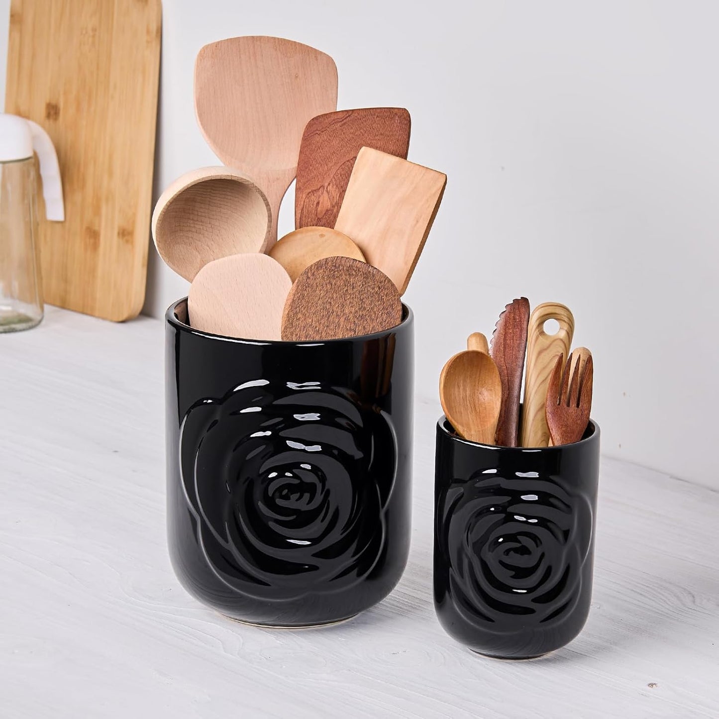 Black Ceramic Utensil Holder Set of 2 - Rose Carved Design, Kitchen Countertop Utensil Organizer for Spatula, Spoon & Cooking Tools, Large (7.5") & Small (5.5"), Farmhouse Kitchen Counter Decor