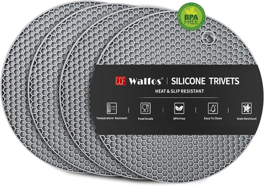 Walfos Silicone Trivet Mats - 4 Heat Resistant Pot Holders, Multipurpose Non-Slip Hot Pads for Kitchen Potholders, Hot Dishers, Jar Opener, Spoon Holder, Food Grade Silicone & BPA Free (Round)
