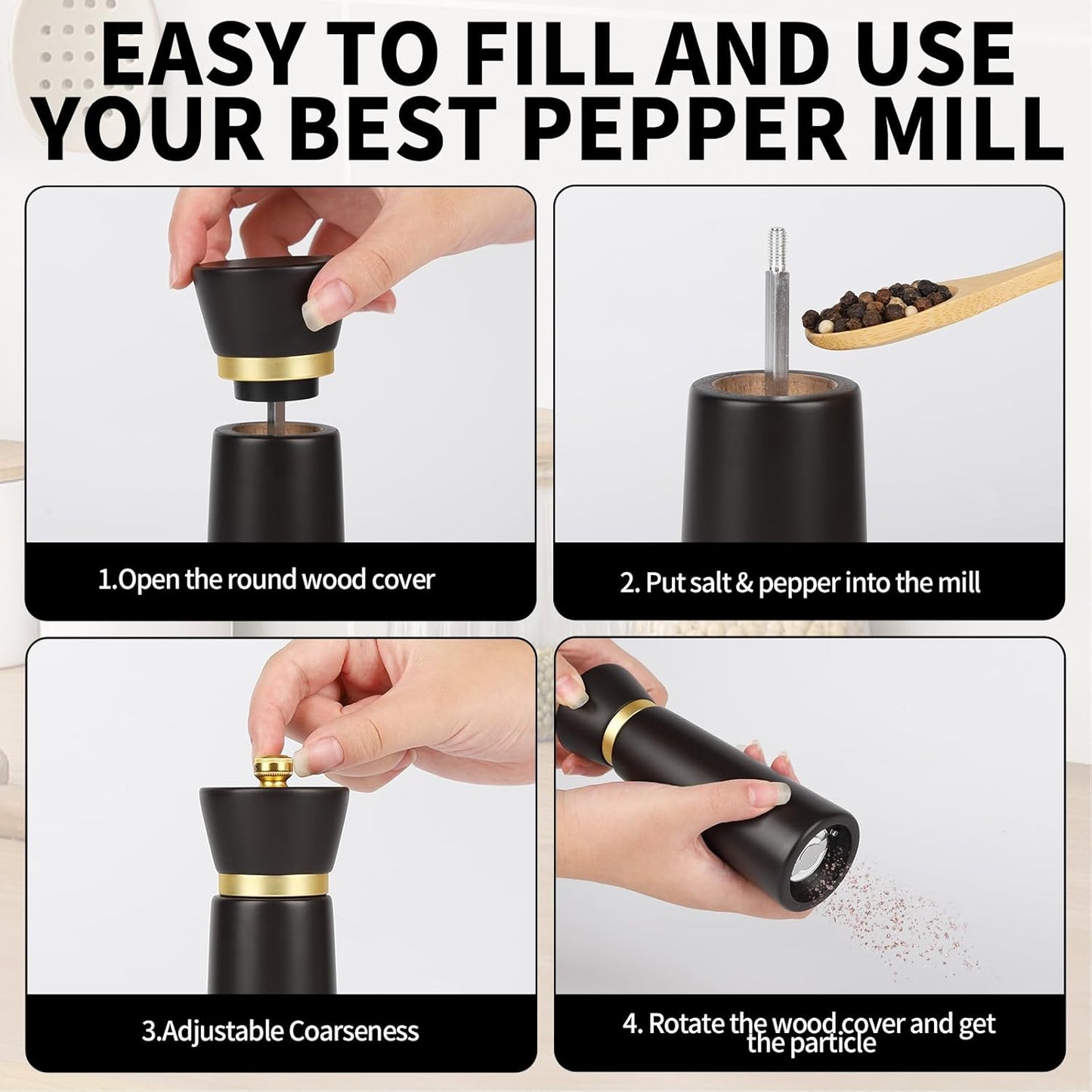 Wooden Salt and Pepper Grinder Set, Salt grinder Refillable with adjustable Coarseness, Beach Wood Pepper Grinder Manual, Salt and Pepper Shakers Matching Wooden tray-Ideal for Gifting