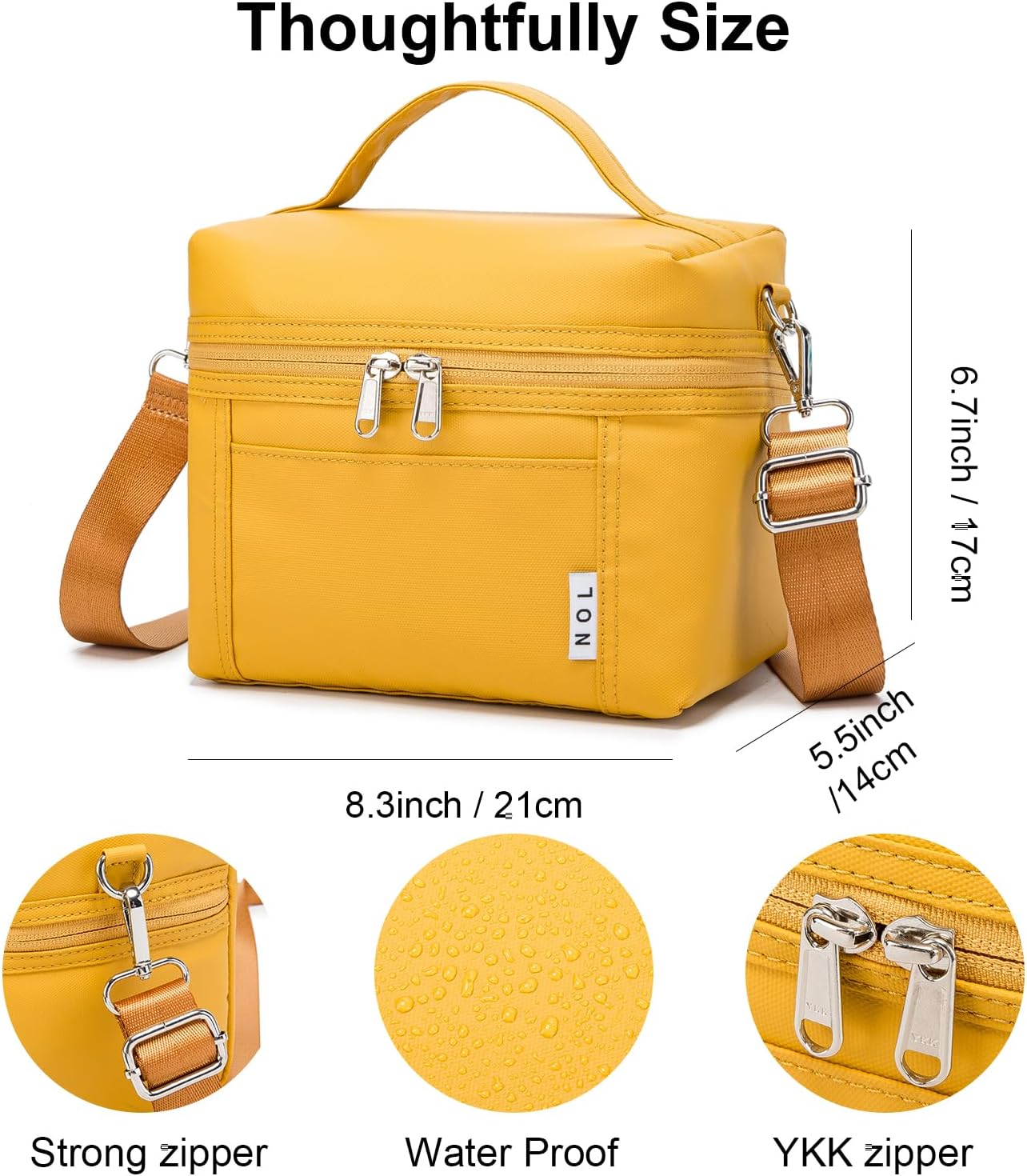 NOL Natural Organic Lifestyle Reusable Insulated Lunch Bags for Adults Lightweight Nylon Waterproof Lunch Box with Removable Adjustable Strap Insulated Lunch Bag for Work (Small Earth-yellow)