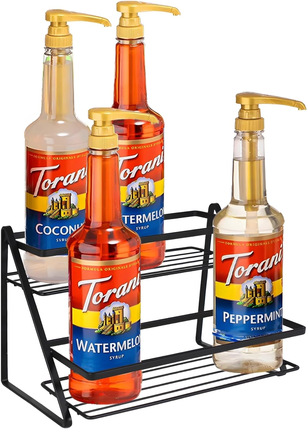 2-Tier Coffee Syrup Rack Organizer 6 Bottle Capacity,Sturdy Metal Storage Shelf for Coffee Bar,Multi-Use Kitchen Wine Rack for Syrups, Dressings, Condiments