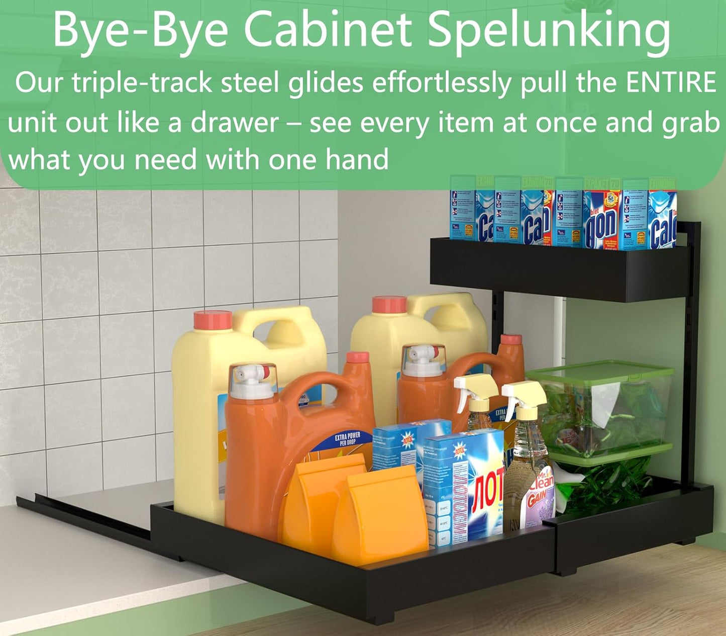 Under Sink Organizer and Storage, All Metal Heavy Duty Expandable Storage Basket, 2 Tier Bathroom Cabinet Organizer, Height Adjustable, Easy Pull Out, Black, 2 Pack