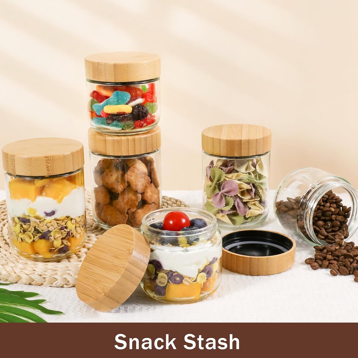 OcePor 4 Pack Glass Jars with Bamboo Lids, Over Night Oats Container with Airtight Lid, Glass Snack Storage Salad Jars For Food, Yogurt, Sugar and Flour,Coffee Bean, Cookie, Cereal