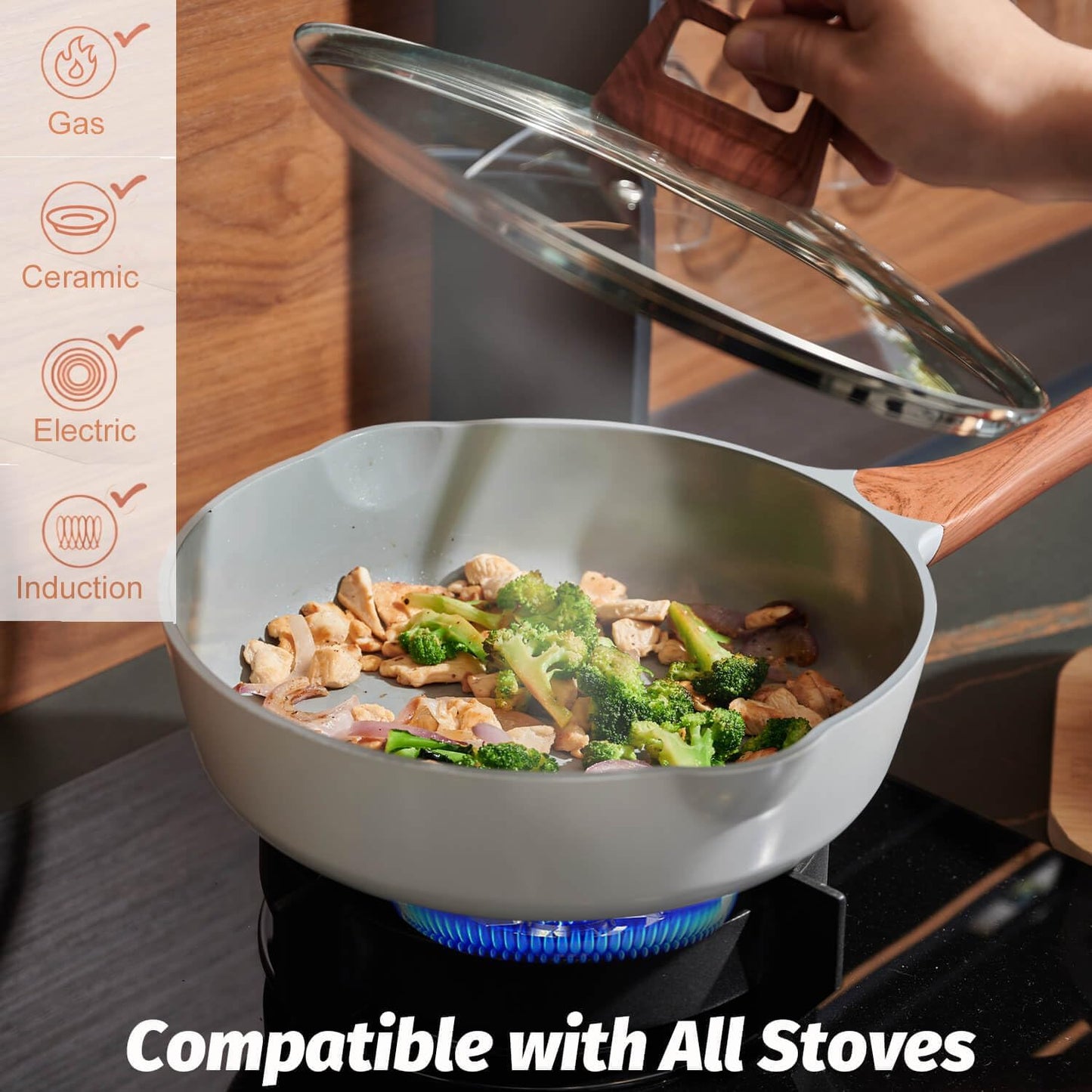 Nonstick Frying Pans With Lid, 11 Inches Skillets Deep Frying Pan Non stick, Ceramic Frying Pans With Pour Spout, Non Toxic Frying Pan for Stove, Induction, Gas, PB/CD/PFOA Free (White,11 Inches)