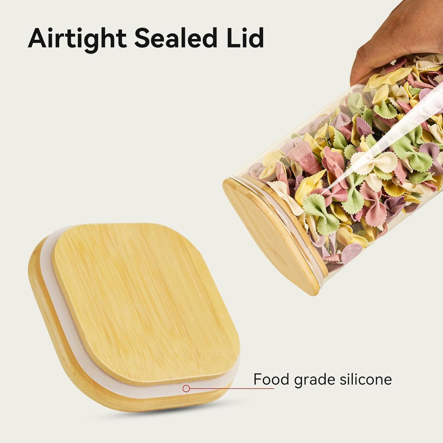 5 Set Glass Jars with Bamboo Lids, Square Food Storage Containers, Glass Pantry Storage Containers with Lids for Pasta, Cereal, Flour, Sugar