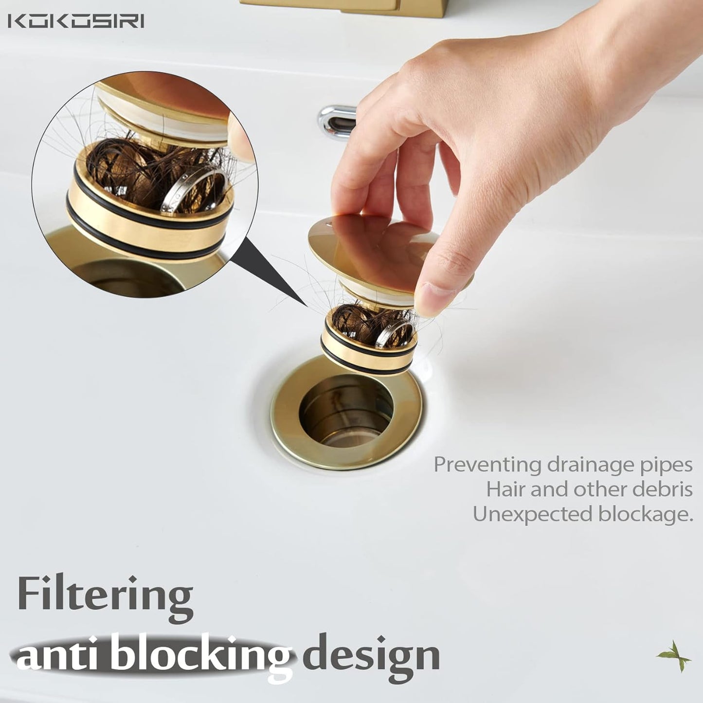 KOKOSIRI Pop Up Sink Drain with Strainer Basket, Brushed Gold Bathroom Sink Drain with Detachable Hair Catcher Anti Clogging for Vanity Vessel Sink Without Overflow, C1002BG