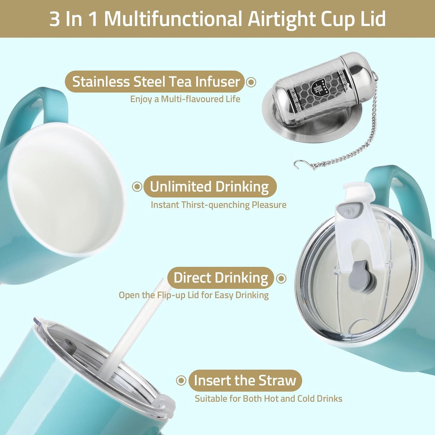 Sweejar Ceramic Travel Mug with Lid, 16 oz Portable Coffee Mug, Dishwasher Safe Tea Cup with Infuser, Reusable Teacup for Car Cup Holder, Tea Lovers(Turquoise)