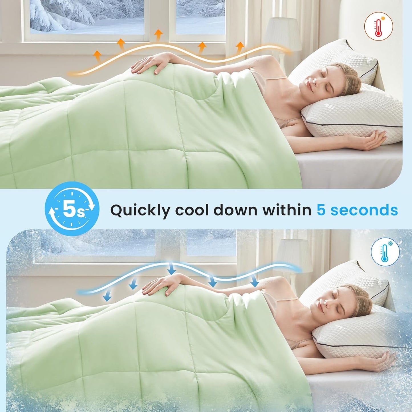 HYLEORY Cooling Comforter Queen Size - Summer Cooling Blanket for Hot Sleepers/Night Sweats, Double-Sided Cold Touch Silky Ice Comforters, Breathable Lightweight Beddings, Cool Green, 90"x90"