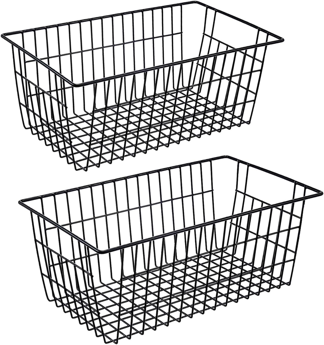Redrubbit Wire Storage Baskets, Large Farmhouse Metal Freezer Basket Storage Organizer Bins with Handles for Kitchen Cabinets, Pantry, Closets, Bedrooms, Bathrooms, Set of 2, Black