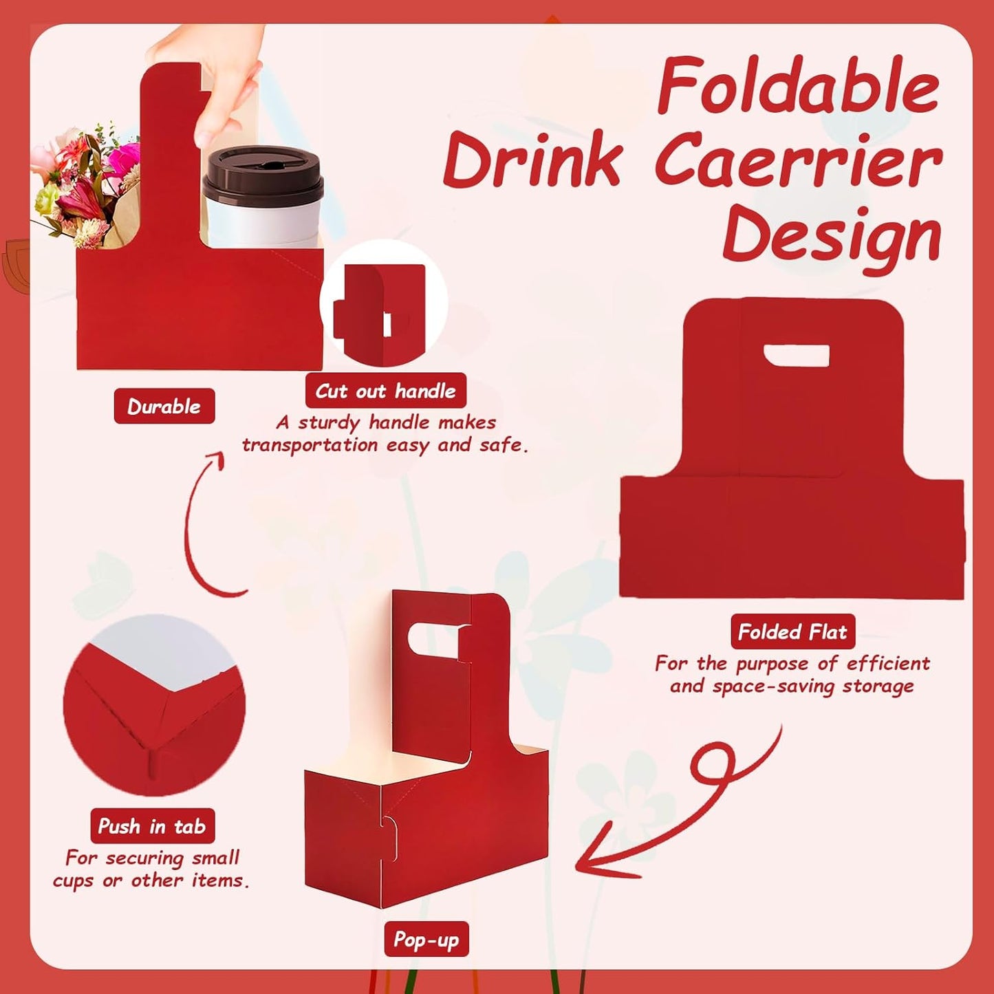 30 Pack 2 Cup Disposable Drink Carrier with Handle Paperboard Coffee Cup Holder Portable for Hot Cold Drinks Food Delivery Services with Heart Card for Teacher Appreciation Week Mother's Day