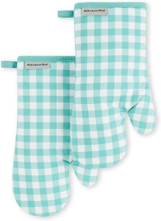 KitchenAid Gingham Oven Mitt 2-Pack Set, Aqua Sky, 7"x13"