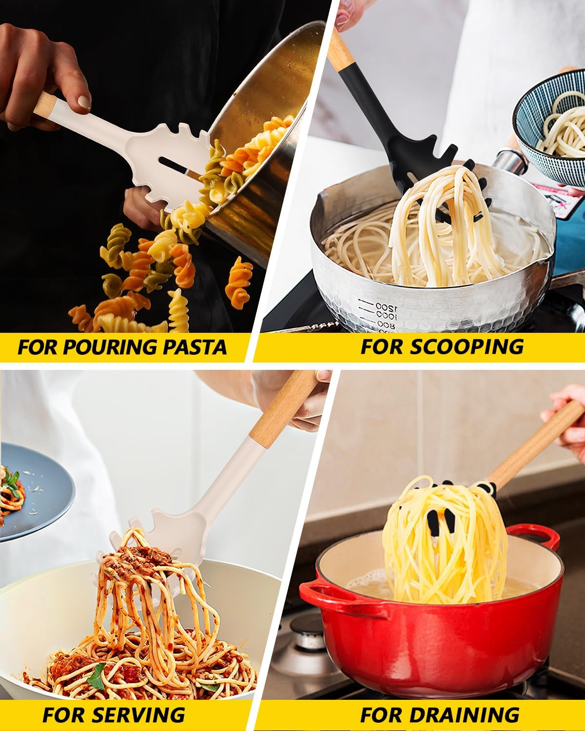 Pack of 2 Spaghetti Spoon, Silicone Pasta Fork with Wooden Handle, Heat Resistant Noodle Spoon Server, BPA Free Spaghetti Strainer(BLACK-KHAKI)