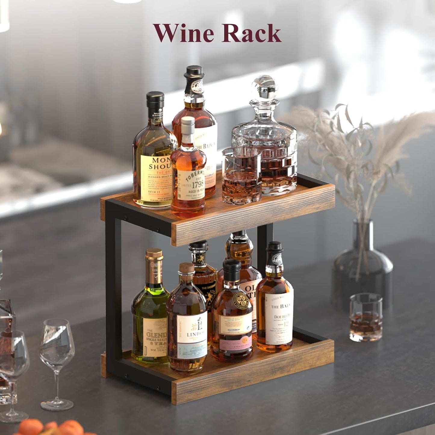 MARTY 2 Tier 15.75"x8.9" Large Countertop Shelf Organizer Spice Rack, Coffee Station Organizer for Mugs Cups, Wooden Shelf Desktop Storage Organizer for Kitchen Bathroom Home Office (Rustic Brown)