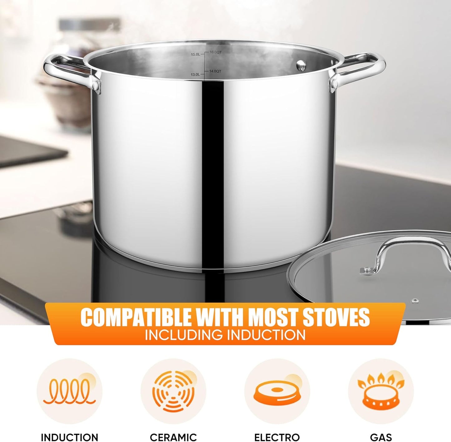 E-far 16 Quart Stainless Steel Stock Pot, Large Heavy Duty Induction Stockpot with Glass Lid for Cooking Soup Canning, Thick Tri-Ply Bottom & Riveted Handle, Compatible with All Stove, Dishwasher Safe