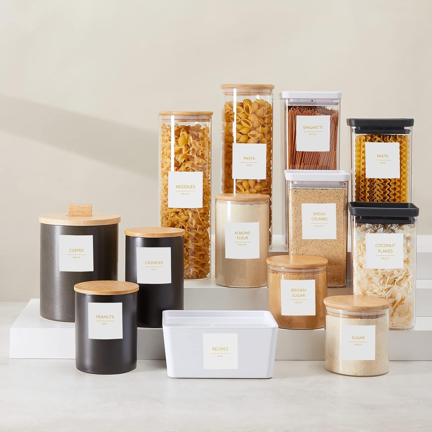 Talented Kitchen Labels for Storage Bins & Food Containers - 2.5 x 2.5-Inch Matte White Vinyl Squares - Metallic Gold Text Peel & Stick - Water-Resistant for Jars & Pantry Organization