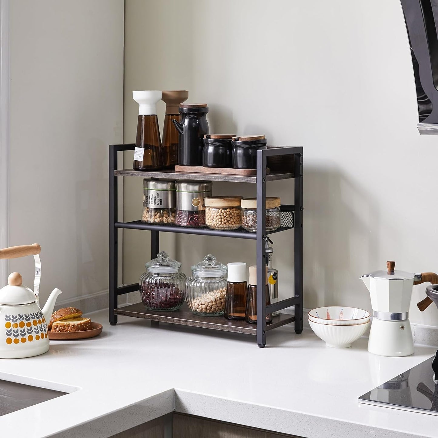 IBUYKE 3-Tier Spice Rack Industrial Counter Shelf Desktop Storage Organizer Standing Seasoning Rack for Countertop Kitchen Office Living Room Desktop Dark Grey UTLJ021G