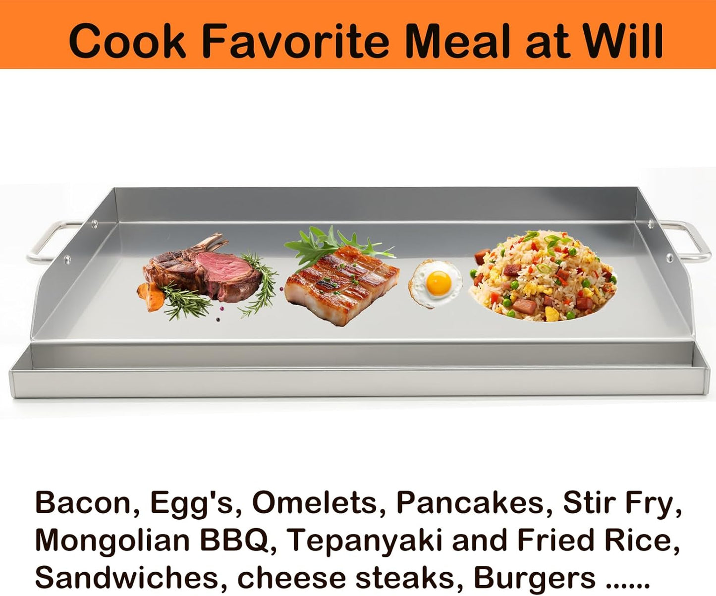 Universal Stainless Steel Griddle Flat Top Plate Grill-Top Griddle Pan with Even Heating Cross Bracing for BBQ Charcoal/Gas Grills, Camping, Tailgating, and Parties (23"*16")